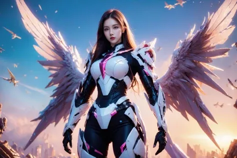 1girl,concept artwork,long hair,(a lonely solo boy:1.4),sky,wing,wings with fans,graphics card fan,strong male mecha warrior,mighty and domineering,cool mecha,32k,blue and white color scheme,(pink armor:1.05),white_background,standing,cowboy_shot,<lora:AGirl_v1:1>,