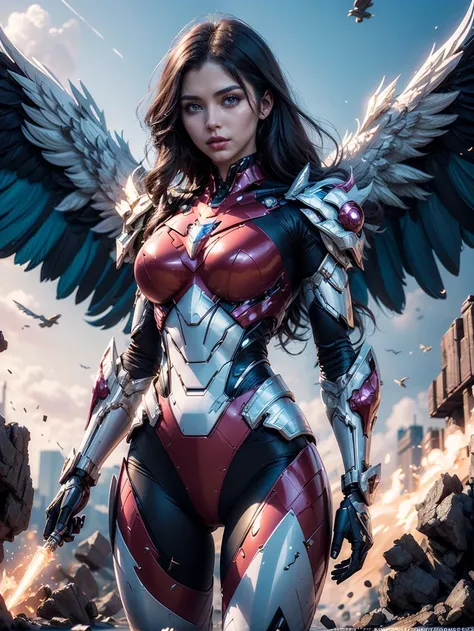 1girl,concept artwork,black hair,(Heroic and heroic girl:1.4),sky,wing,wings with fans,graphics card fan,strong woman mecha warrior,mighty and domineering,cool mecha,32k,pink and white color scheme,white armor,white_background,standing,cowboy_shot,<lora:AGirl_v1:0.7>,