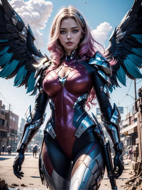 1girl,concept artwork,(Heroic and heroic girl:1.4),sky,wing,wings with fans,graphics card fan,strong woman mecha warrior,mighty and domineering,cool mecha,32k, blue and chrome color scheme,white armor,white_background,standing,cowboy_shot,<lora:AGirl_v1:0.7>,  <lora:DipDyedHair lycoris:0.8> IncursioDipDyedHair, blue IncursioDipDyedHair, pink IncursioDipDyedHair, purple IncursioDipDyedHair