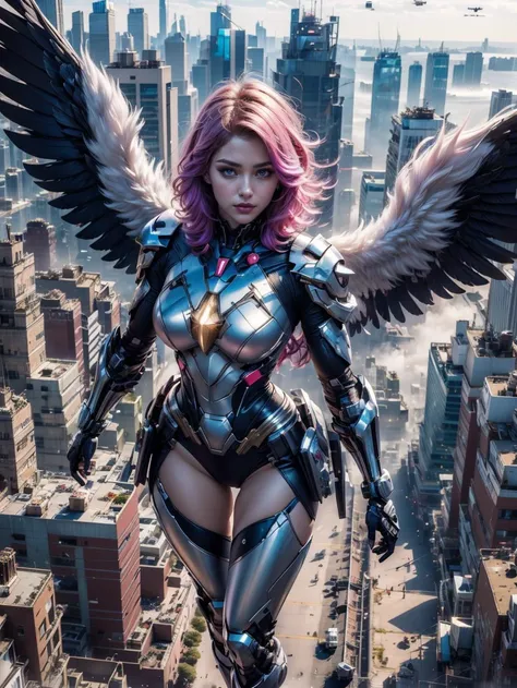 1girl,concept artwork,(Heroic and heroic girl:1.4),sky,wing,wings with fans,graphics card fan,strong woman mecha warrior,mighty and domineering,cool mecha, (flying above a city:1.5), 32k, random color scheme,white armor,white_background,standing,cowboy_shot,<lora:AGirl_v1:0.7>, <lora:DipDyedHair lycoris:0.8> IncursioDipDyedHair, blue IncursioDipDyedHair, pink IncursioDipDyedHair, purple IncursioDipDyedHair