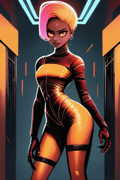 vector art, 1girl, woman, scifi, supermodel, full body, wearing plugsuit, bombshell hair, infra neon color:cornsilk hair, Pulled Back Bob, (small breasts:1.5), wide hips, tall, sexy thicc hourglass figure,(muscular legs:0.25), skindentation, (african, dark skin:0.6), Locker Room \(room\) <lora:EnvyStarlightPunkGirl01:1>