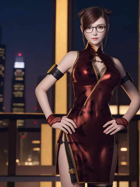CFlanQF, 1girl, glasses, solo, china dress,single hair bun, brown hair, breasts,gloves,cleavage cutout,side slit, cityscape, night,looking at viewer, mature female, hand on hip, <lora:CFlanQFii:0.75>