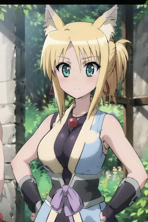 yukikaze_panettone, 1girl, breasts, gloves, japanese_clothes, jewelry, elbow_gloves, blush, hand_on_hip, necklace, letterboxed, stained_glass, ribbon, looking_at_viewer, bare_shoulders, armor, animal_ear_fluff, anime_coloring, earrings, fingerless_gloves, upper_body