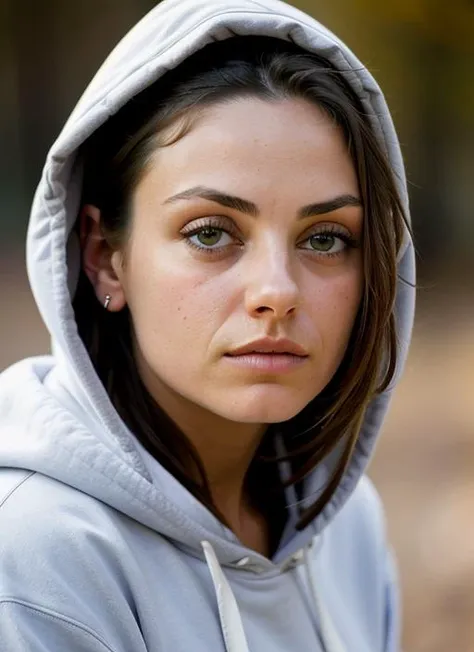 A stunning intricate color close up portrait of (sks woman:1) , wearing Hoodie and sweatpants, epic character composition, sharp focus, natural lighting, subsurface scattering, f2, 35mm, film grain, , by Imogen Cunningham, <lora:lora-small-mila-kunis-v1:1>