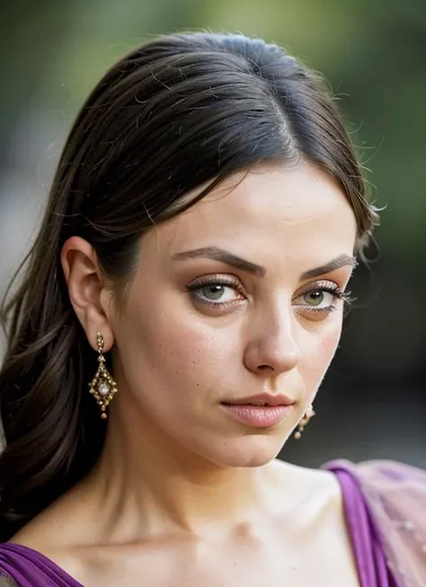 A stunning intricate color close up portrait of (sks woman:1) , wearing fancy dress, epic character composition, sharp focus, natural lighting, subsurface scattering, f2, 35mm, film grain, , by Dominique Issermann, <lora:lora-small-mila-kunis-v1:1>
