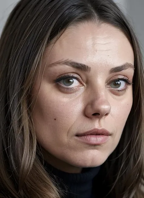 A stunning intricate color close up portrait of (sks woman:1) , wearing Turtleneck sweater and corduroy pants, epic character composition, sharp focus, natural lighting, subsurface scattering, f2, 35mm, film grain, , by Andreas Gursky, <lora:lora-small-mila-kunis-v1:1>