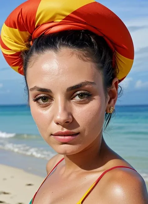 portrait of sks woman on a tropical beach in Bali, by Flora Borsi, style by Flora Borsi, bold, bright colours, ((Flora Borsi)), by Henri Cartier-Bresson, <lora:lora-small-mila-kunis-v1:1>