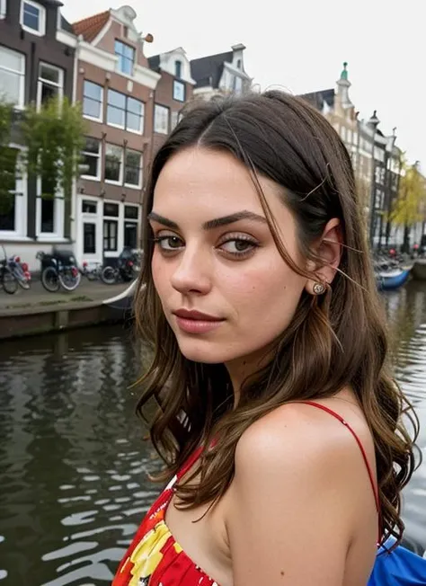 portrait of sks woman in Amsterdam, by the canals with tulips in the foreground, by Flora Borsi, style by Flora Borsi, bold, bright colours, ((Flora Borsi)), by William Eggleston, <lora:lora-small-mila-kunis-v1:1>
