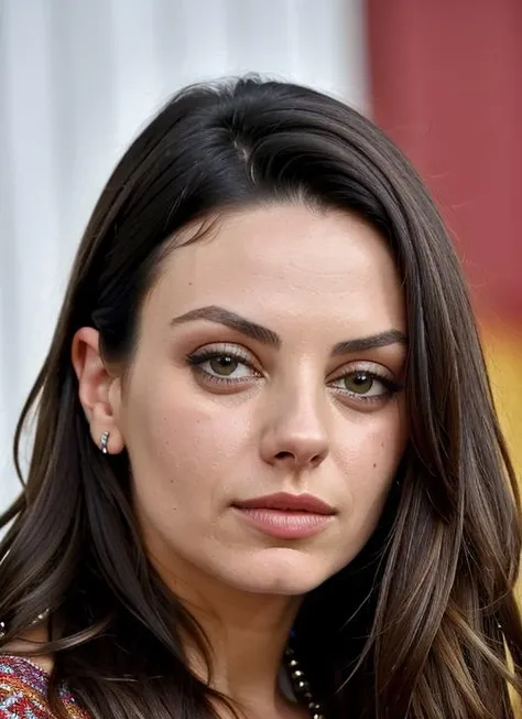 close up portrait of sks woman , by Flora Borsi, style by Flora Borsi, bold, bright colours, ((Flora Borsi)), by Henri Cartier-Bresson, <lora:lora-small-mila-kunis-v1:1>