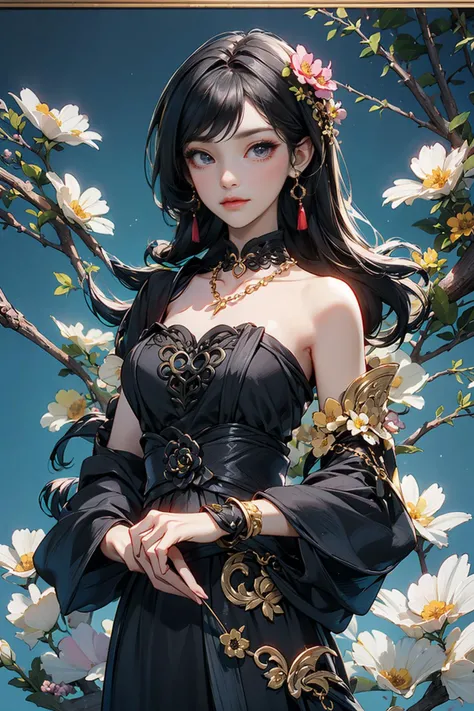a woman with a black dress and a gold necklace on her neck and a black dress with a gold flower on her shoulder, Du Qiong, elegant, a photorealistic painting, rococo   <lora:Water Princess:0.5> <lora:3DMM_V12:1>