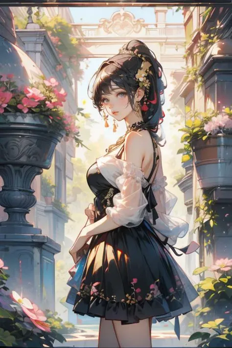 a woman with a black dress and a gold necklace on her neck and a black dress with a gold flower on her shoulder, Du Qiong, elegant, a photorealistic painting, rococo   <lora:Water Princess:0.6> <lora:jianzhu:0.8>