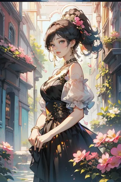 a woman with a black dress and a gold necklace on her neck and a black dress with a gold flower on her shoulder, Du Qiong, elegant, a photorealistic painting, rococo   <lora:Water Princess:0.6> <lora:jianzhu:0.8>