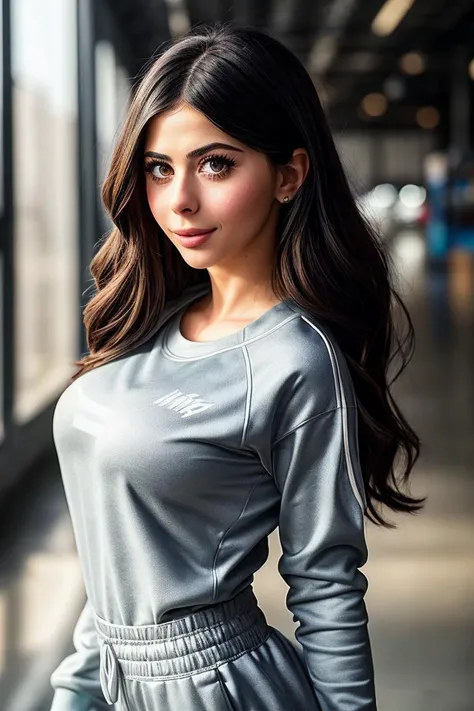 photo of beautiful (azzyl4nd:0.99), a woman in a (warehouse:1.1), perfect hair, wearing (tracksuit:1.2), modelshoot style, (extremely detailed CG unity 8k wallpaper), professional majestic (photography by richard avedon:1.1), (Nikon L35AF Camera), 24mm, exposure blend, hdr, faded, extremely intricate, High Detail, Sharp focus, dramatic, soft cinematic light, (looking at viewer), (detailed pupils), cute smile, 24mm, 4k textures, soft cinematic light, adobe lightroom, photolab, elegant, ((((cinematic look)))), soothing tones, insane details, hyperdetailed, low contrast