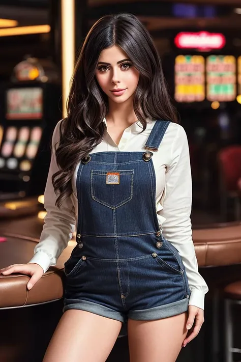 photo of beautiful (azzyl4nd:0.99), a woman in a (casino:1.1), perfect hair, hair upsweep updo, wearing (overalls:1.2), modelshoot style, (extremely detailed CG unity 8k wallpaper), professional majestic (photography by edward weston:1.1), (Canon EOS R Mirrorless Camera), 24mm, exposure blend, hdr, faded, extremely intricate, High Detail, Sharp focus, dramatic, soft cinematic light, (looking at viewer), (detailed pupils), cute smile, 24mm, 4k textures, soft cinematic light, adobe lightroom, photolab, elegant, ((((cinematic look)))), soothing tones, insane details, hyperdetailed, low contrast