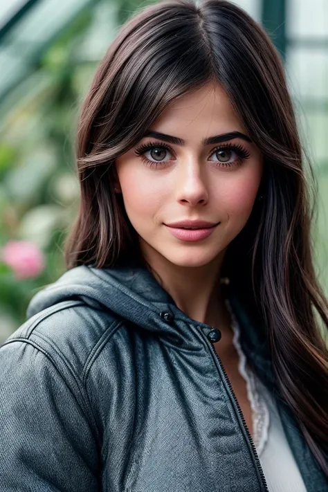 photo of beautiful (azzyl4nd:0.99), a woman in a (conservatory:1.1), perfect hair, wearing (outerwear:1.2), modelshoot style, (extremely detailed CG unity 8k wallpaper), professional majestic (photography by  irving penn:1.1), (Canon EOS Rebel T7 DSLR Camera), 24mm, exposure blend, hdr, faded, extremely intricate, High Detail, Sharp focus, dramatic, soft cinematic light, (looking at viewer), (detailed pupils), cute smile, 24mm, 4k textures, soft cinematic light, adobe lightroom, photolab, elegant, ((((cinematic look)))), soothing tones, insane details, hyperdetailed, low contrast