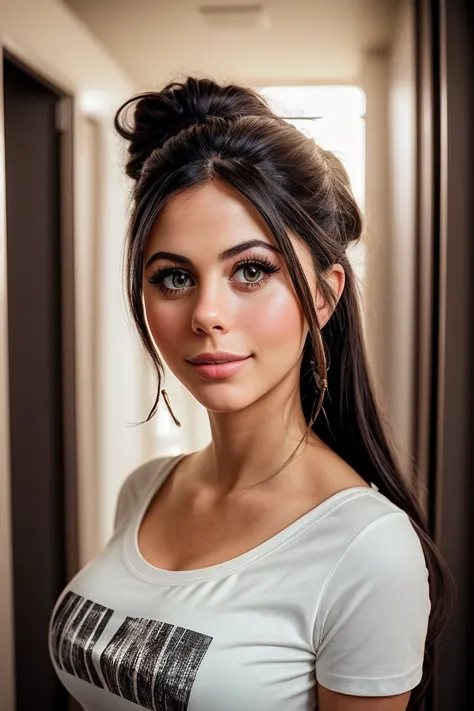 photo of beautiful (azzy1and:0.99), a woman in a (fitting room:1.1), perfect hair, wearing (t-shirt:1.2), modelshoot style, (extremely detailed CG unity 8k wallpaper), professional majestic (photography by  cindy sherman:1.1), (Hasselblad 500C Camera), 24mm, exposure blend, hdr, faded, extremely intricate, High Detail, Sharp focus, dramatic, soft cinematic light, (looking at viewer), (detailed pupils), cute smile, 24mm, 4k textures, soft cinematic light, adobe lightroom, photolab, elegant, ((((cinematic look)))), soothing tones, insane details, hyperdetailed, low contrast
