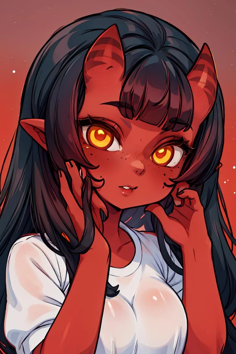 (masterpiece, best quality), 1girl, beautiful face, beautiful body, <lora:meruccubus:1> meruccubus, red oni, colored skin, red skin, pointy ears, long hair, mole, oni, blunt bangs