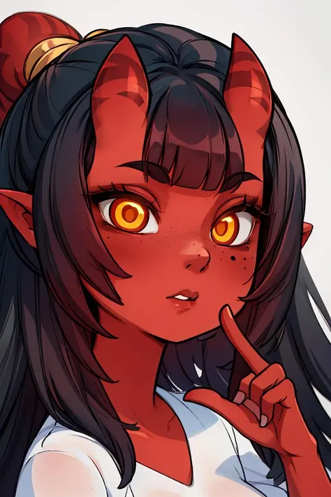 (masterpiece, best quality), 1girl, beautiful face, beautiful body,  <lora:meruccubus:1> meruccubus, red oni, colored skin, red skin, pointy ears, long hair, mole, oni, blunt bangs