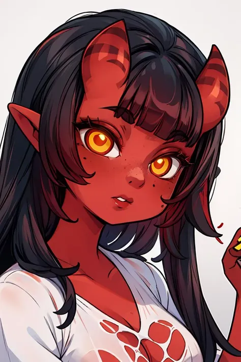 (masterpiece, best quality), 1girl, beautiful face, beautiful body,  <lora:meruccubus:1> meruccubus, red oni, colored skin, red skin, pointy ears, long hair, mole, oni, blunt bangs