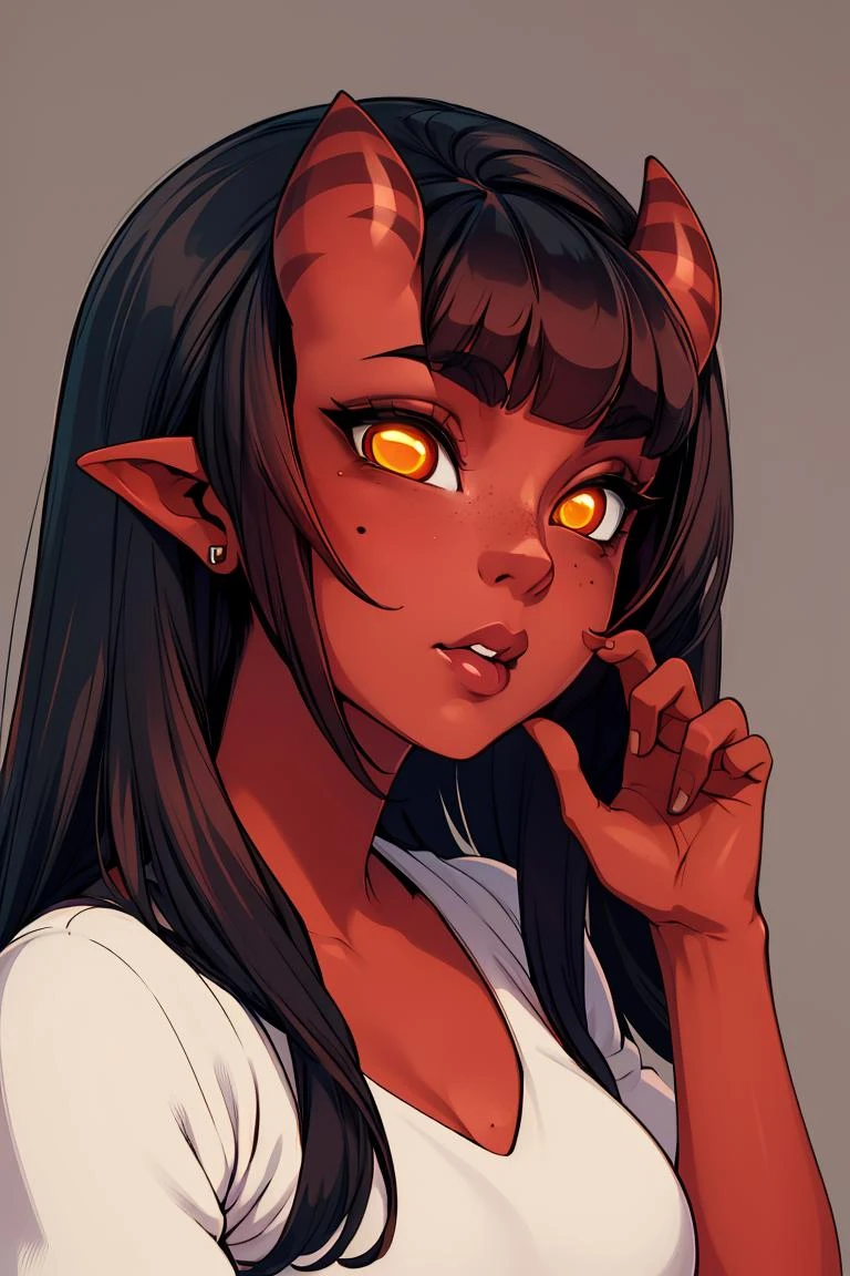 (masterpiece, best quality), 1girl, beautiful face, beautiful body, <lora:meruccubus:1> meruccubus, red oni, colored skin, red skin, pointy ears, long hair, mole, oni, blunt bangs