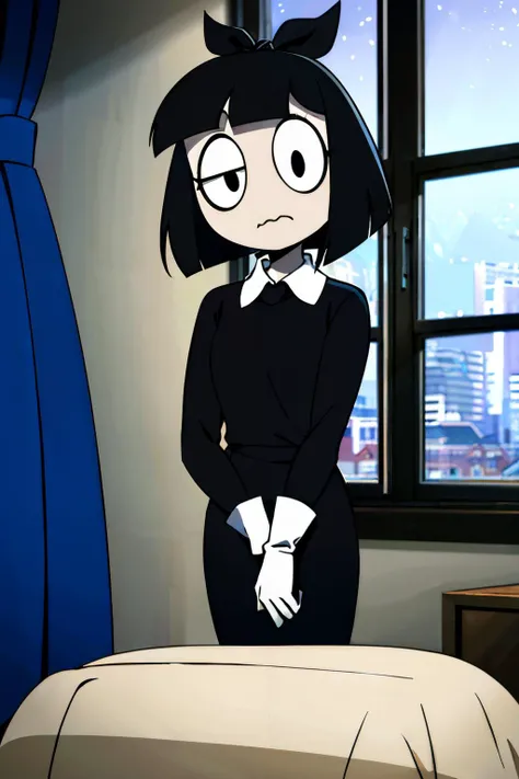 Susie, short black hair, black hair ribbon, black eyes,bags under eyes, pale skin, long black dress, white collar,black long sleeves, white gloves,looking at viewer, wavy mouth, standing, medium shot, arms crossed, inside a messy bedroom, window, dim lighting, high quality, masterpiece <lora:Susie:.8>