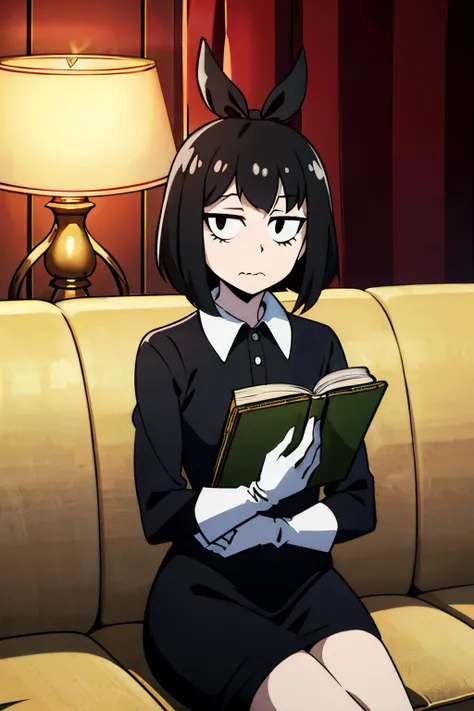 Susie, short black hair, black hair ribbon, black eyes,bags under eyes, pale skin, long black dress, white collar,black long sleeves, white gloves,looking at viewer, wavy mouth, sitting, on sofa, holding a book, lamp, high quality, masterpiece <lora:Susie:.8>