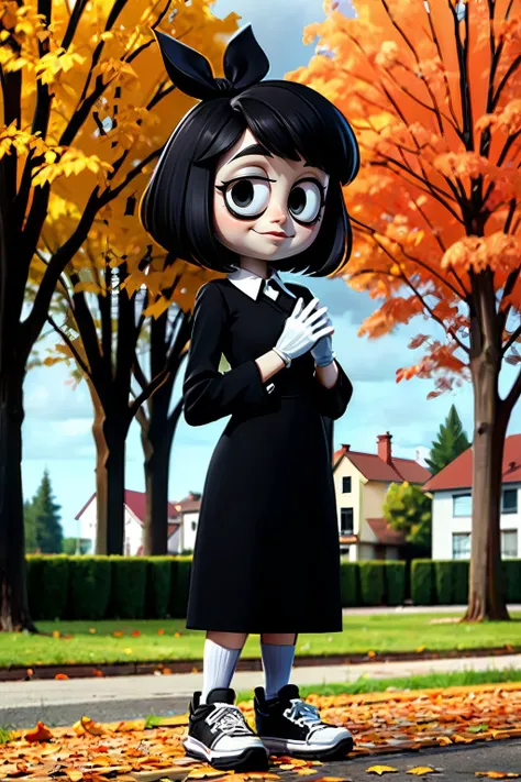 Susie, short black hair, black hair ribbon, black eyes,bags under eyes, pale skin, long black dress, white collar,black long sleeves, white gloves, black shoes, looking at viewer, smiling, full body shot, standing, outside, neighborhood, house, trees, autumn, overcast, high quality, masterpiece <lora:SusieB98:.8>