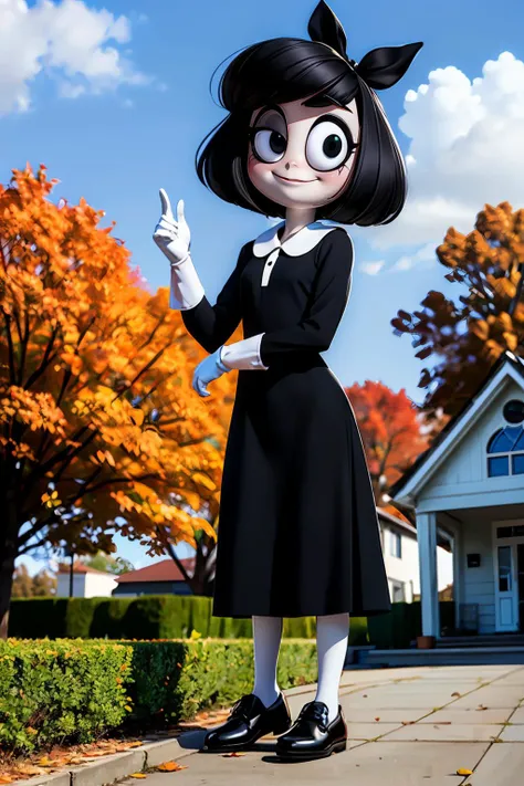 Susie, short black hair, black hair ribbon, black eyes,bags under eyes, pale skin, long black dress, white collar,black long sleeves, white gloves, black shoes, looking at viewer, smiling, full body shot, standing, outside, neighborhood, house, trees, autumn, overcast, high quality, masterpiece <lora:Susie:.8>
