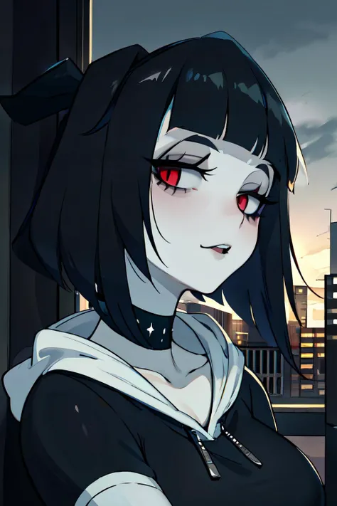 masterpiece, best_quality, ultra-detailed, immaculate, portrait of a girl, 1girl, grey skin, hoodie, goth, city at night background, Susie, <lora:Susie:1>, <lyco:EnvyGoth01:1>, (half closed eye)