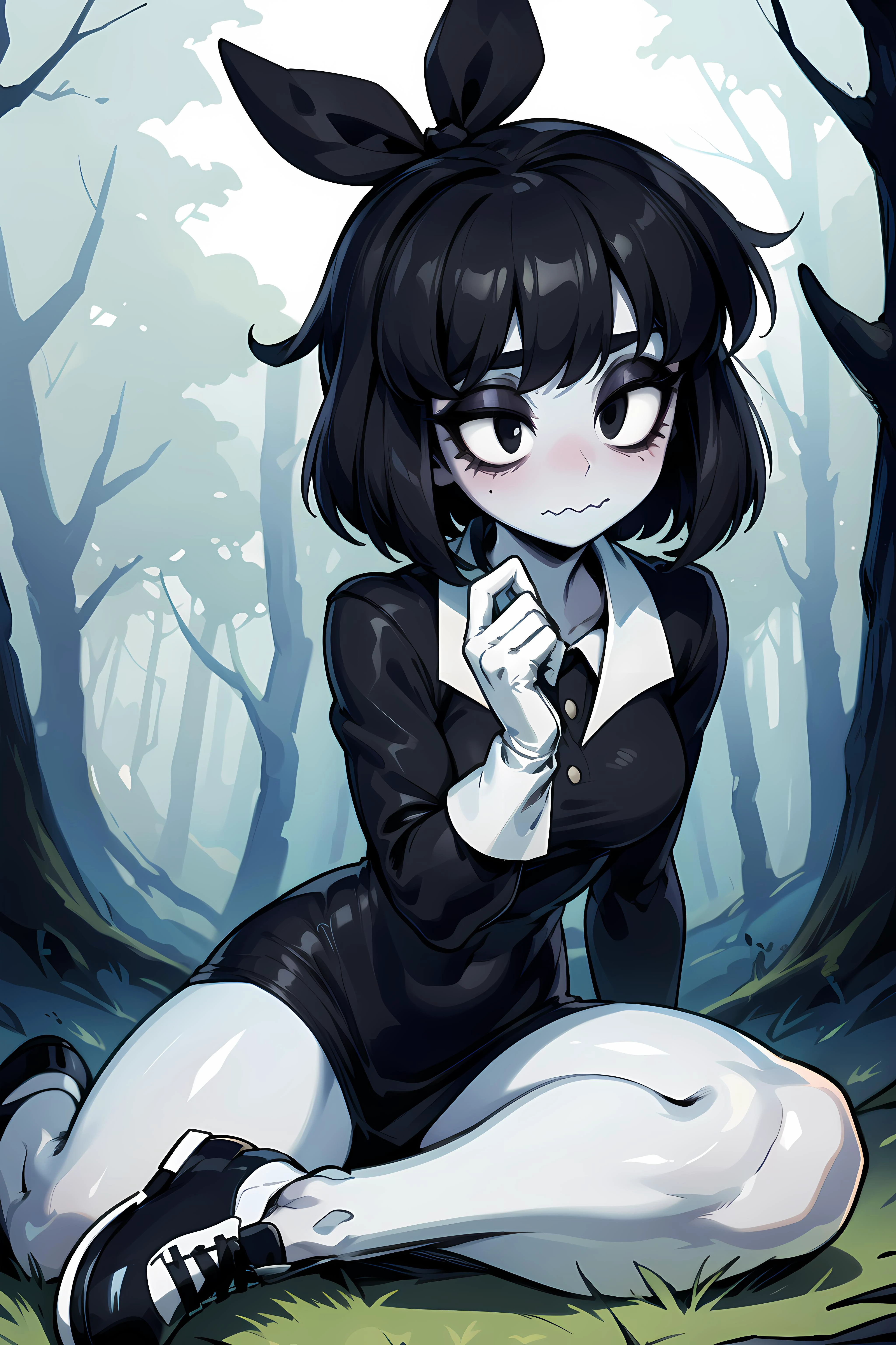 ((masterpiece,best quality)), absurdres, (((sfw))), <lora:Susie-10v3:0.7>, SuDr, Susie, short black hair, bags under eyes, wavy mouth, black eyeliner, black eyes, tight long black dress with white collar, long sleeves, white gloves, black hair ribbon, black shoes, (((white skin))), tired, night forest background, closeup, bust shot,