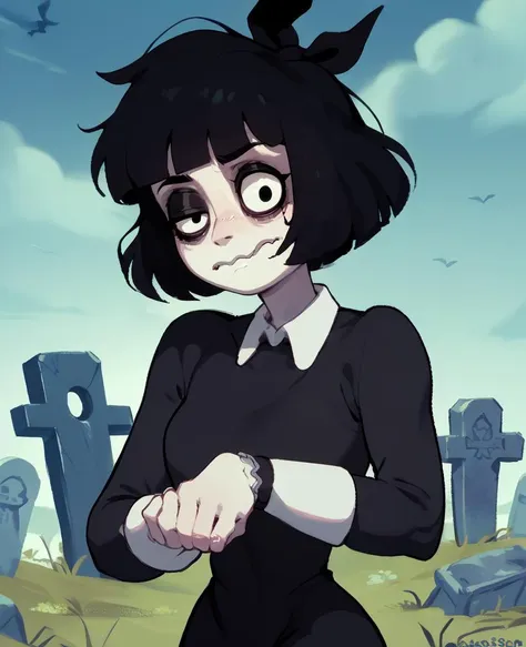 score_9,score_8_up,score_7_up,score_6_up,
susiexl,short hair,bangs,wavy mouth,black eyeliner,black eyes,right eye half closed,left eye open,
black dress,long sleeves,wrist cuffs,black hair ribbon,
standing,upper body,
cemetery,night,cloudy,<lora:SusieB98:1>,