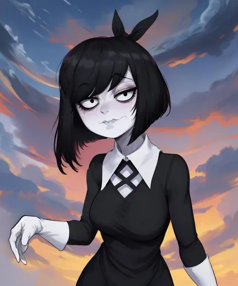 Susie,short hair,bags under eyes,pale skin,wavy mouth,black eyes,(right eye half closed),(left eye open:1.3),
black dress with white collar,long sleeves,long white gloves,black hair ribbon,cowboy shot,
standing,upper body,
night,cloudy,
(insanely detailed, beautiful detailed face, masterpiece, best quality),solo,<lora:Susie-10TO:0.8>,