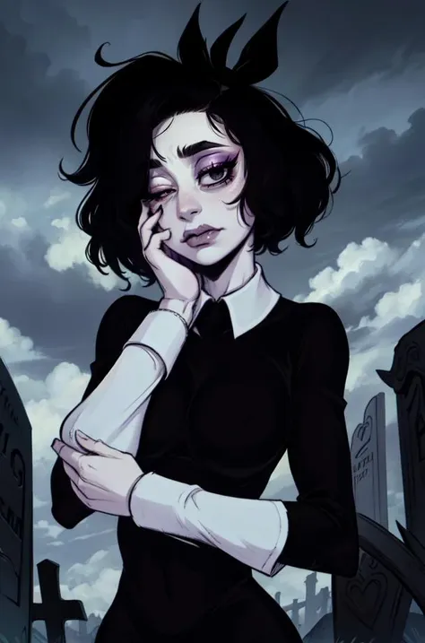 Susie,short hair,bags under eyes,pale skin,wavy mouth,black eyeliner,black eyes,(right eye half closed,left eye open),
black dress,black long sleeves,wrist cuffs,black hair ribbon,
standing,upper body,
cemetery,night,cloudy,
(insanely detailed, beautiful detailed face, masterpiece, best quality),solo,<lora:SusieB98:1>,