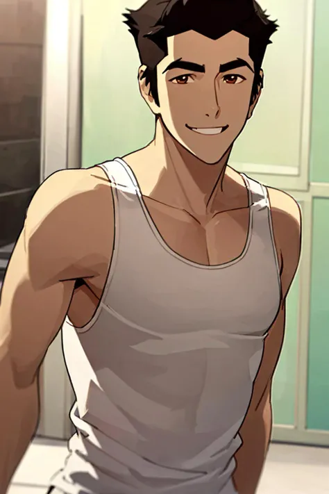 <lora:mako_v1:0.9> mako_iwamatsu, 1boy, male focus, solo, white tank top, sexy, body, natural eyes, smile