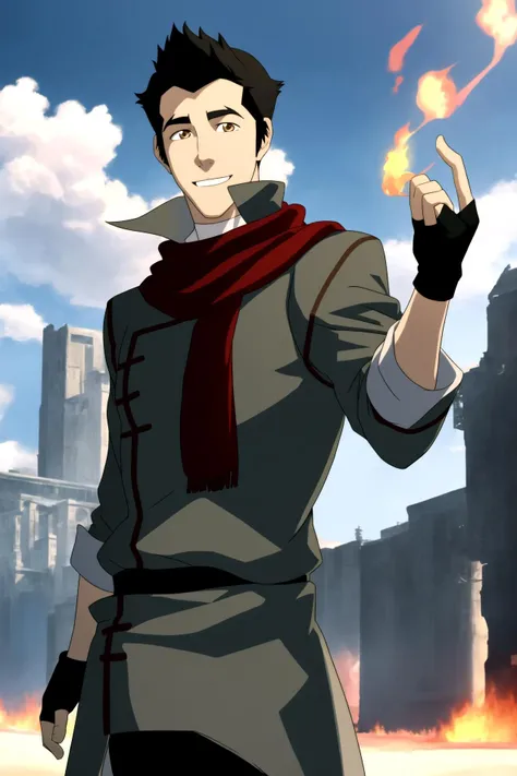 mako_iwamatsu, 1boy, male focus, solo, fingerless gloves, fire, scarf, black hair, brown eyes, smile, pyrokinesis, sky, day, red scarf, cloud, magic, blue sky, coat