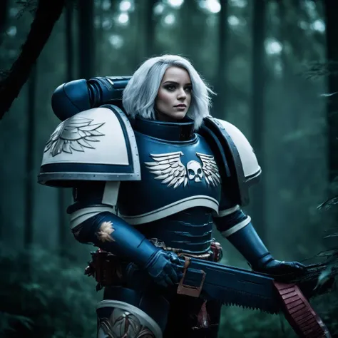 raw photo of a girl with a beautiful face and Ivory hair standing in dark forest, smiling and looking at the viewer, she is wearing heavy armor, warhammer 40k, space marine, <lora:WH40XL:1>, award winning photography, highly detailed, ultra detailed, 4k, 8k, wallpaper