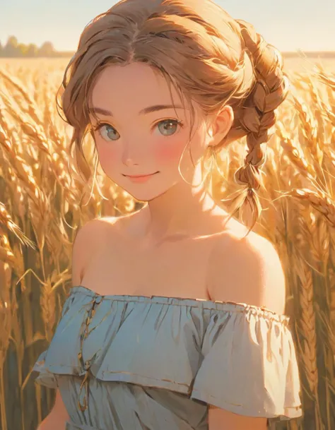 best quality, masterpiece, young 1girl with braided hair, dressed in Off-Shoulder Sundress, standing in a rustic farm setting. She has a soft, gentle smile, expressive eyes and sexy cleavage. beautiful and aesthetic, The background features a charming barn, fields of golden wheat, and a clear blue sky. The composition should be bathed in the warm, golden hour light, with a gentle depth of field and soft bokeh to accentuate the pastoral serenity. Capture the image as if it were taken on an old-school 35mm film for added charm, looking at viewer, <lora:KiloyJPFSDXL:0.3>