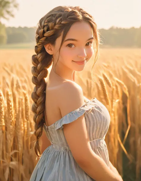 young 1girl with braided hair, dressed in Off-Shoulder Sundress, standing in a rustic farm setting. She has a soft, gentle smile, expressive eyes and sexy cleavage. The background features a charming barn, fields of golden wheat, and a clear blue sky. The composition should be bathed in the warm, golden hour light, with a gentle depth of field and soft bokeh to accentuate the pastoral serenity. Capture the image as if it were taken on an old-school 35mm film for added charm, looking at viewer, <lora:KiloyJPFSDXL:0.3>
