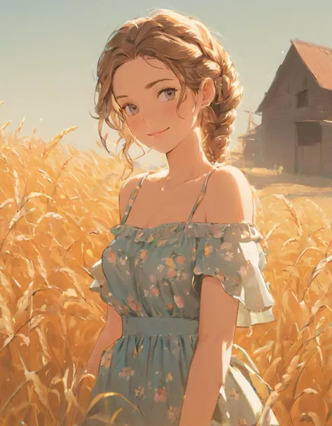 best quality, masterpiece, young 1girl with braided hair, dressed in Off-Shoulder Floral Sundress of , standing in a rustic farm setting. She has a pure and Innocent, soft, gentle smile, expressive eyes and sexy cleavage. beautiful and aesthetic, enchanting elegance, The background features a charming barn, fields of golden wheat and clear blue sky. The composition should be bathed in the warm, golden hour light, with a gentle depth of field and soft bokeh to accentuate the pastoral serenity. Capture the image as if it were taken on an old-school 35mm film for added charm, film camera, looking at viewer, <lora:KiloyJPFSDXL:0.3>
