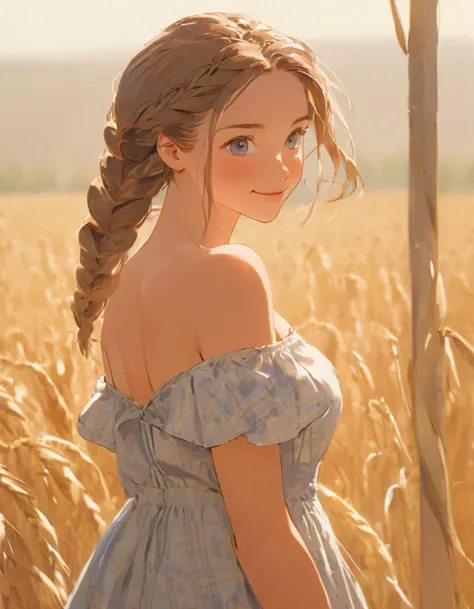 best quality, masterpiece, young 1girl with braided hair, dressed in Off-Shoulder Sundress, standing in a rustic farm setting. She has a soft, gentle smile, expressive eyes and sexy cleavage. pure and Innocent, beautiful and aesthetic, The background features a charming barn, fields of golden wheat, and vast and beautiful abundant vineyards., a clear blue sky. The composition should be bathed in the warm, golden hour light, with a gentle depth of field and soft bokeh to accentuate the pastoral serenity. Capture the image as if it were taken on an old-school 35mm film for added charm, looking at viewer, <lora:KiloyJPFSDXL:0.3>