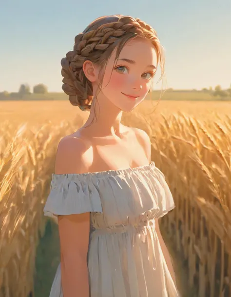 best quality, masterpiece, young 1girl with braided hair, dressed in Off-Shoulder Sundress, standing in a rustic farm setting. She has a soft, gentle smile, expressive eyes and sexy cleavage. pure and Innocent, beautiful and aesthetic, The background features a charming barn, fields of golden wheat, and a clear blue sky. The composition should be bathed in the warm, golden hour light, with a gentle depth of field and soft bokeh to accentuate the pastoral serenity. Capture the image as if it were taken on an old-school 35mm film for added charm, looking at viewer, <lora:KiloyJPFSDXL:0.3>