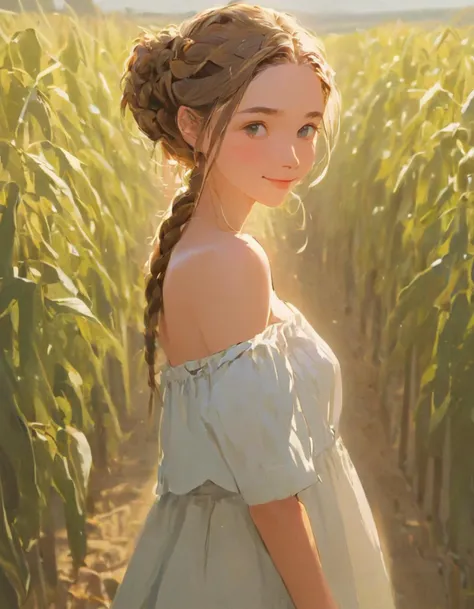 (a tween girl), (ten years old), (farmer outfit), (brown hair twin short pig tails), freckles, in middle of a corn field, smile, blush, mismatched pupils, cowboy shot, best quality, highres, 8k, high details, accurate.