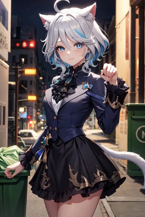 1girl, solo, cowboy shot, standing,
<lora:furina:0.8>, white hair, blue eyes,
cat ears, cat tail, paw pose, uwu, :3,
looking at viewer,
<lora:add_detail:0.3>, <lora:outline:0.2>, alley, trash can, dumpster, city, night,, weird atmosphere, (best quality:1.1), (masterpiece:1.2), high quality shadow, beautiful detailed, (high detailed skin, skin details), (wide_landscape, 8k), beautiful face, detailed eyes, depth of field, dramatic light, best quality, highres, best shadow, best illumination,, depth_of_field, blurry, blurry_background, blurry_foreground, motion_blur,