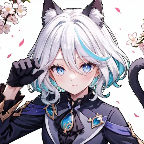 1girl, solo,  (white background:1.5), [(white background:1.5),::5],  medium_shot, upper body, 
<lora:furina:0.8>, furina, white hair, white gloves,  blue flower, multicolored_hair, bright pupils, luminous pupils,
black_dress, black_gloves, asymmetrical_knee_socks,
cat ears,  cat tail, paw pose, 
extremely detailed wallpaper, perfect lighting, cherry blossoms, falling petals, east Asian architecture, 
:3, <lora:outline:0.7>, <lora:add_detail:0.4> , <lyco:Ufussy:0.3>, ufotable style, anime coloring, anime screencap, weird atmosphere, (best quality:1.1), (masterpiece:1.2), high quality shadow, beautiful detailed, (high detailed skin, skin details), (wide_landscape, 8k), beautiful face, detailed eyes, depth of field, dramatic light, best quality, highres, best shadow, best illumination,