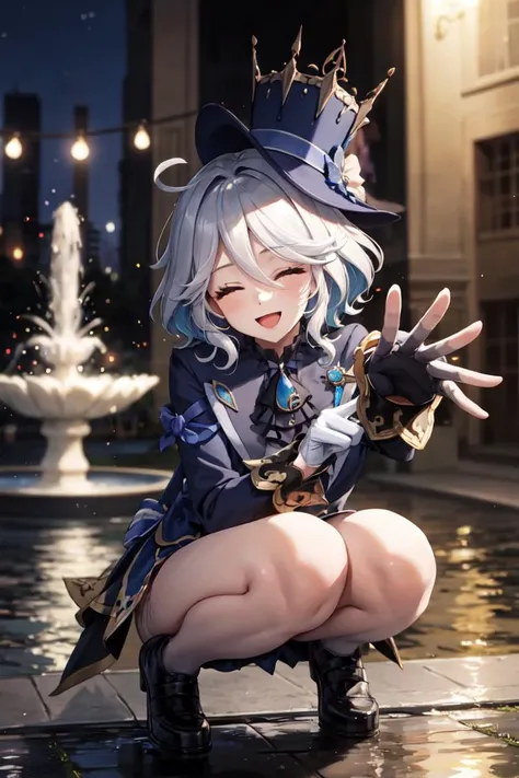1girl, solo, full body, bent over, squatting, from below,
<lora:furina:0.8>, white hair, white gloves, blue headwear, blue flower,
open mouth, closed eyes, smile, head tilt, reaching out, reaching,
looking at viewer,
<lora:add_detail:0.2>, <lora:outline:0.1>, street, park, night, dark, fountain, water, water_splash, water effects,, weird atmosphere, (best quality:1.1), (masterpiece:1.2), high quality shadow, beautiful detailed, (high detailed skin, skin details), (wide_landscape, 8k), beautiful face, detailed eyes, depth of field, dramatic light, best quality, highres, best shadow, best illumination,, depth_of_field, blurry, blurry_background, blurry_foreground, motion_blur,