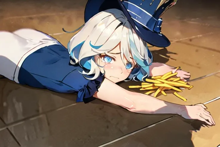 (furina:1.1), 1girl, blue hat, blue vest, APUMEME, LYING, TEARS, ON STOMACH, FOOD, SPILL, CRYING, SHADOW, TEARING UP, ON FLOOR, CUP, FRENCH FRIES <lora:ApuSpillsHisTendiesMeme:1> <lora:furina-08:1>, (best quality, masterpiece:1.2), ultra detailed