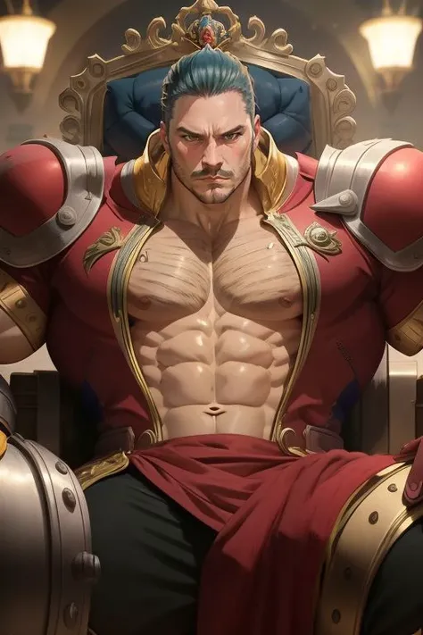 1man, muscular, twigo, 7ds, Twigo, the mighty king,
In the grand halls of his kingdom, Twigo sits upon his imposing throne, his chiseled and muscular physique on full display. With a commanding presence, he exudes power and authority as a true king. His topless form showcases his immense strength and determination, while his intense and angry expression reveals his unwavering resolve. The intricate details of his regal attire and the ornate embellishments of the throne emphasize his royal status. Twigo's massive muscles serve as a testament to his physical prowess, making him an imposing figure worthy of respect and fear.<lora:Twigo:0.8>, (masterpiece), beautiful, best quality, extremely detailed, perfect lighting, highres, 4k, intricate details,, (by Conor Harrington:1.2)