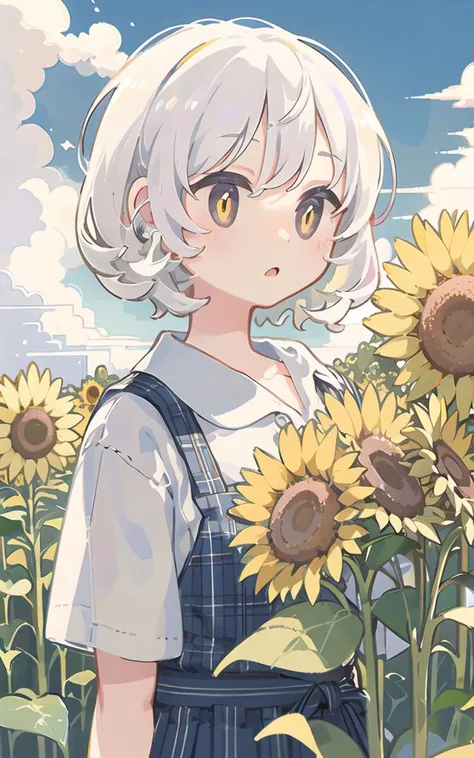 ((masterpiece)), (((best quality))), ((ultra-detailed)), ((illustration)), 
upper body, white background, 
1girl, white hair, short hair, yellow eyes, 
plaid skirt, cloud, bubble, sunflower, 

<lora:[LoHa] moffmachi-style:1>