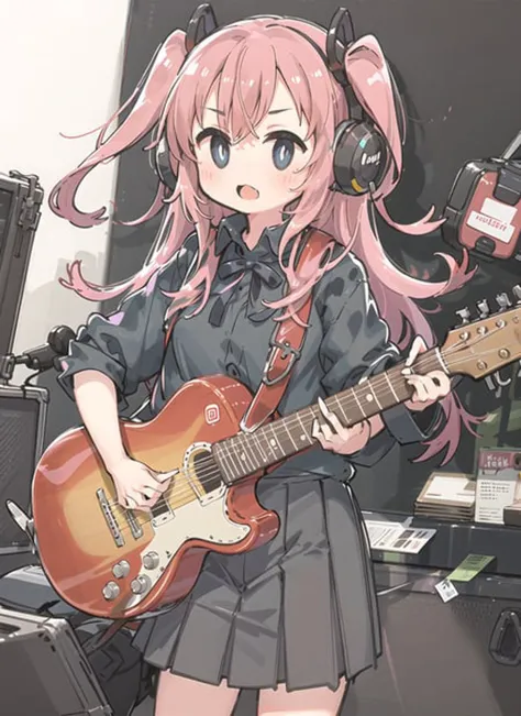 1girl, solo, black skirt, blue eyes, electric guitar, guitar, headphones, holding, holding plectrum, instrument, long hair, , music, one side up, pink hair, playing guiter, pleated skirt, black shirt, indoors ,bottichan2-8950
<lora:moffmachi_style-LyCORIS-V3-000020:1>,