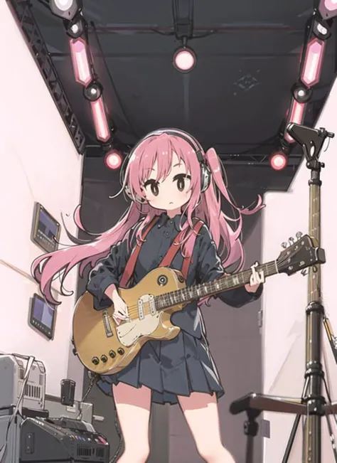 1girl, solo, black skirt, electric guitar, guitar, headphones, holding, holding plectrum, instrument, long hair, , music, one side up, pink hair, playing guiter, pleated skirt, black shirt, indoors ,bottichan2-8950
<lora:moffmachi_style-LyCORIS-any-000022:1>,